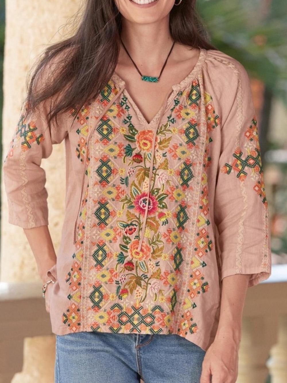 Johnny Was Chandra Linen Blouse in Moonstone Pink